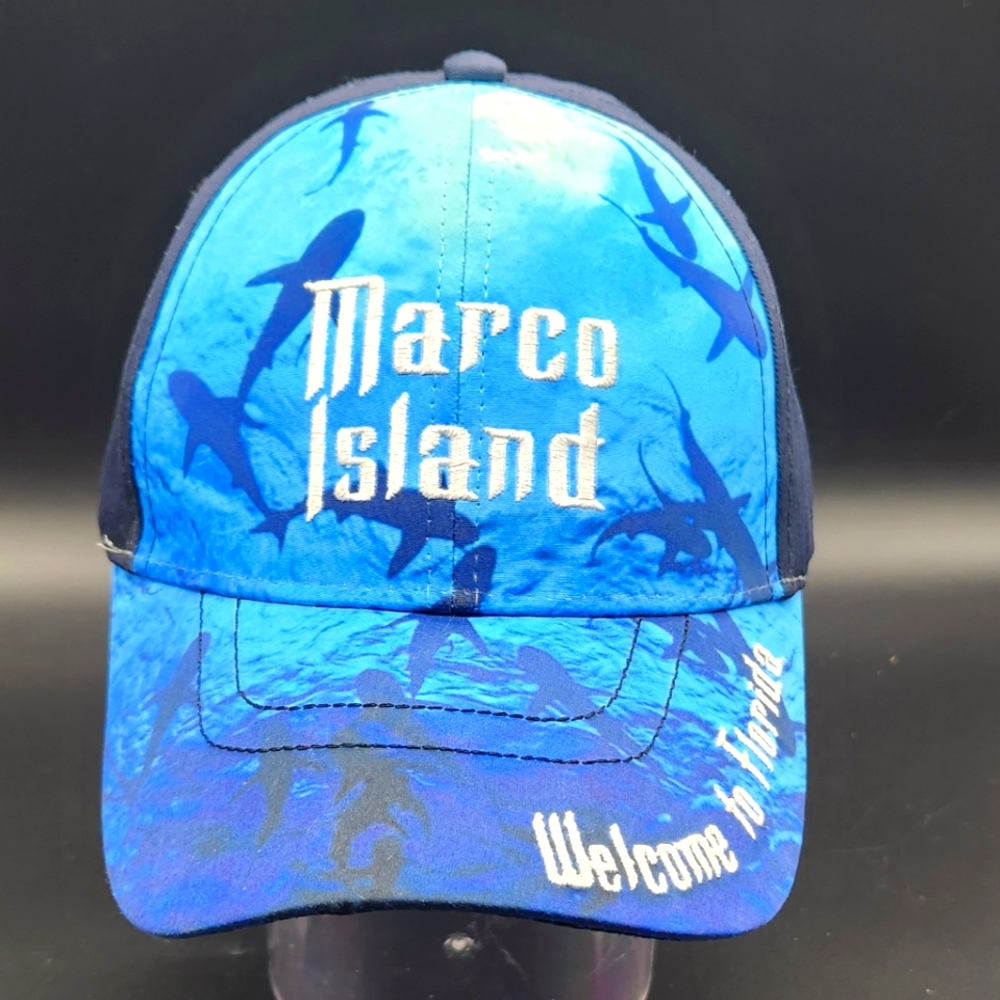 Welcome to Marco Island, Florida, Deep Blue Swimming Sharks Baseball Trucker Cap